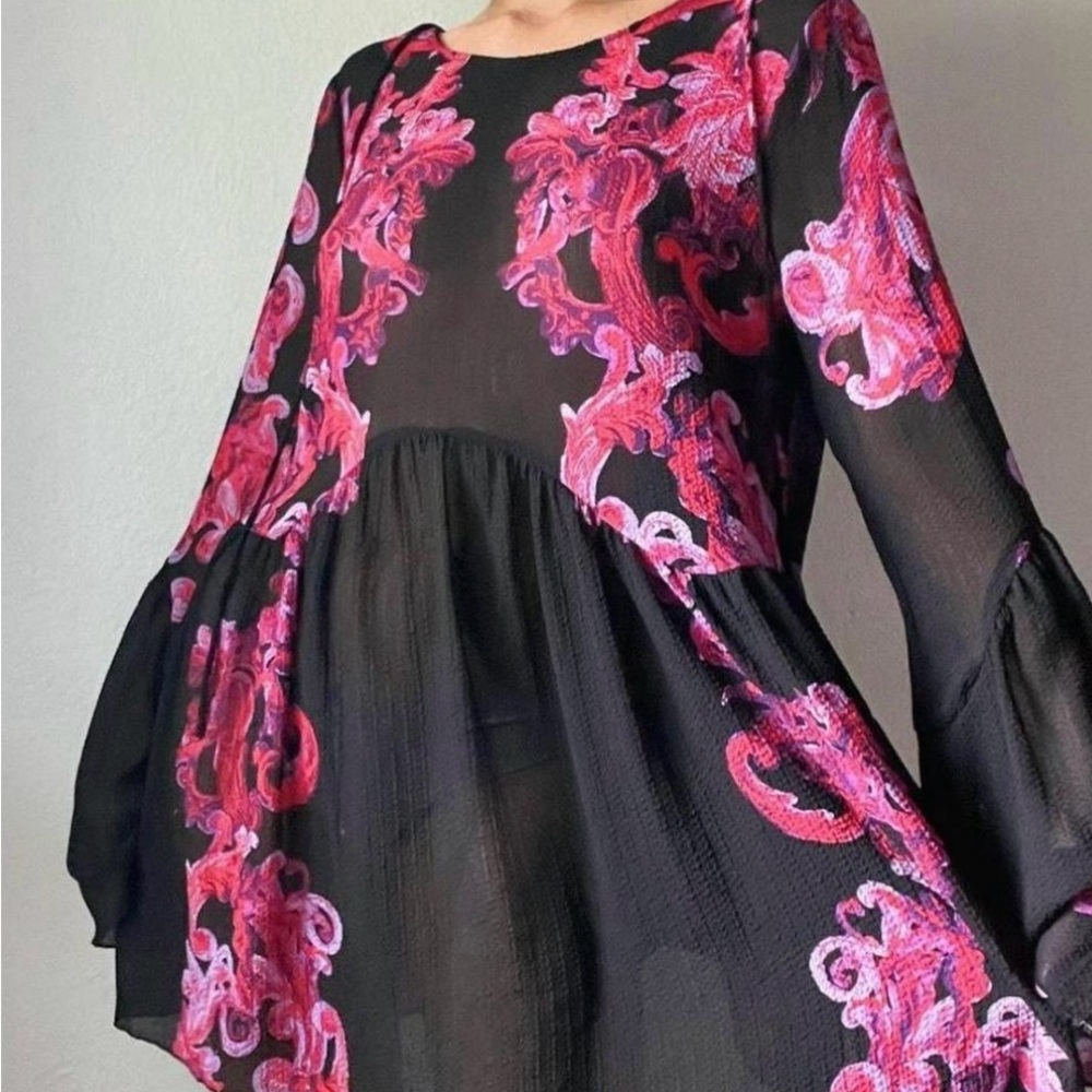 Free People Black and Pink Floral Long Sleeve Dress